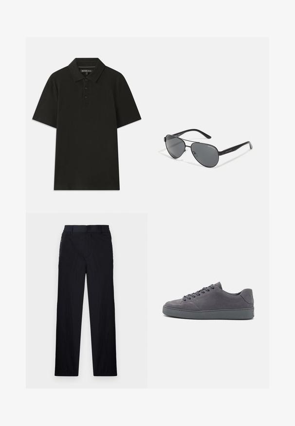 Svart polo-skjorte laget av strukturert stoff. Har en tre-knappers placket og standard krage. Korte ermer og rett kant.; Sorte bukser med lett og teksturert stoff, rett ben-design, elastisk midjebånd og sidelommer med glidelås.; Grå semskede sneakers med lavt design, rund tå, snøring foran og strukturelt gummisål. Minimalistisk stil med subtil branding på hælen.; Svarte pilotbriller med mørke linser, tynn metallramme og slanke plastarmer med logo aksenter.