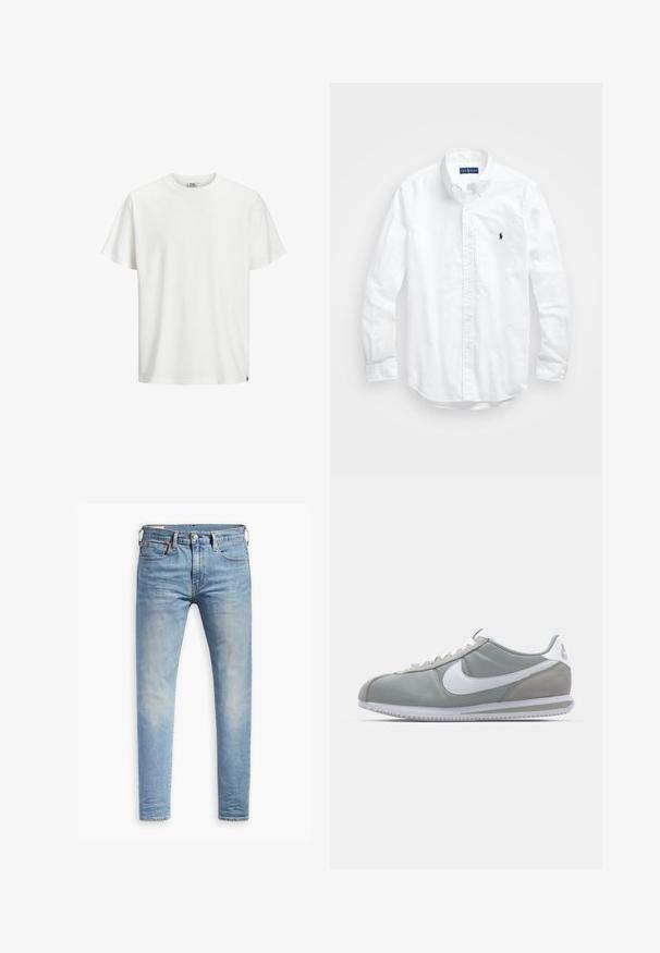White cotton t-shirt with a classic crew neck, short sleeves, and a straight hem. Notable for its simple design and soft texture.; White long-sleeve button-up shirt in cotton. Features a classic collar, button cuffs, and a small navy embroidered logo on the chest.; Light blue slim-fit jeans with slight fading on thighs, front button closure, belt loops, and five-pocket styling on a white background.; Gray athletic shoe with a suede and textile upper, white Nike swoosh, and white laces. Features a textured rubber sole and padded collar.