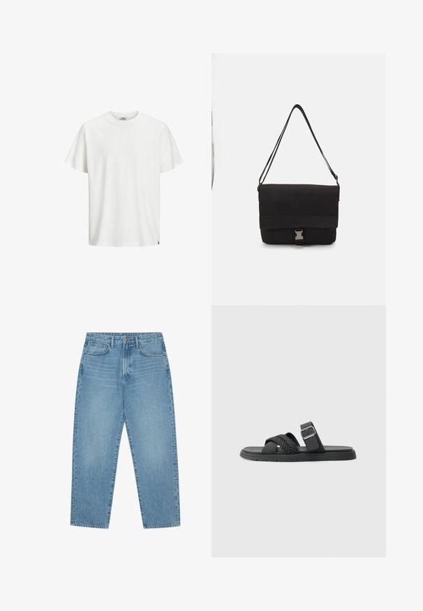 Vit bomullst-shirt med klassisk rund hals, korta ärmar och rak fåll. Utmärkande för sin enkla design och mjuka textur.; Ljusblå denimbyxor med vida ben och hög midja, med fem fickor, bälteshällor och en mjuk, något urtvättad textur.; Svart sandaler med flätade remmar, platt sula och spänne vid ankeln. Tillverkad av syntetiskt material med en slät yta.; Svart messenger väska i slät material med en vikbar klaff, silverfärgade spännen och justerbar axelrem.