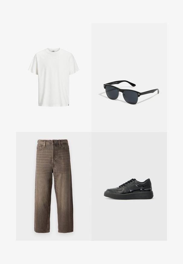 Camiseta de algodón blanca con cuello redondo clásico, mangas cortas y dobladillo recto. Destaca por su diseño simple y textura suave.; Jeans de pierna ancha en color marrón, fabricados en denim. Cuentan con una cremallera, pasadores para cinturón y cinco bolsillos. La tela presenta un aspecto desgastado y texturizado.; Zapatillas de cuero negro con un acabado suave, punta redonda y suela de goma negra de contraste. Presentan cordones planos y un logo en el lateral.; Gafas de sol negras con forma rectangular, lentes oscuros, detalles plateados en las patillas y un acabado mate en la montura.