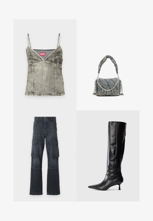 Gaišpelēka džinsu bezpaloku blūze ar regulējamām spageti siksnām, V veida kakla izgriezumu, redzamām šuvēm un sarkanu "DIESEL" etiķeti pie kakla.; Tumši pelēki kravas džinsi, kas izgatavoti no denima, ar divām sānu kabatām un platām kājām. Šūtas detaļas gar šuvēm un malām.; Melnas ādas ceļgala augstuma zābaki ar norādītu purngalu un plānu izliekumu papēdi. Gluda tekstūra, pieguļošs dizains un bez redzamām detaļām vai rakstiem.; Denim soma ar izšūtu rakstu, zila krāsa, īsa sapītas rokturis un sudraba ķēdes siksna ar metālisku zīmola uzrakstu.