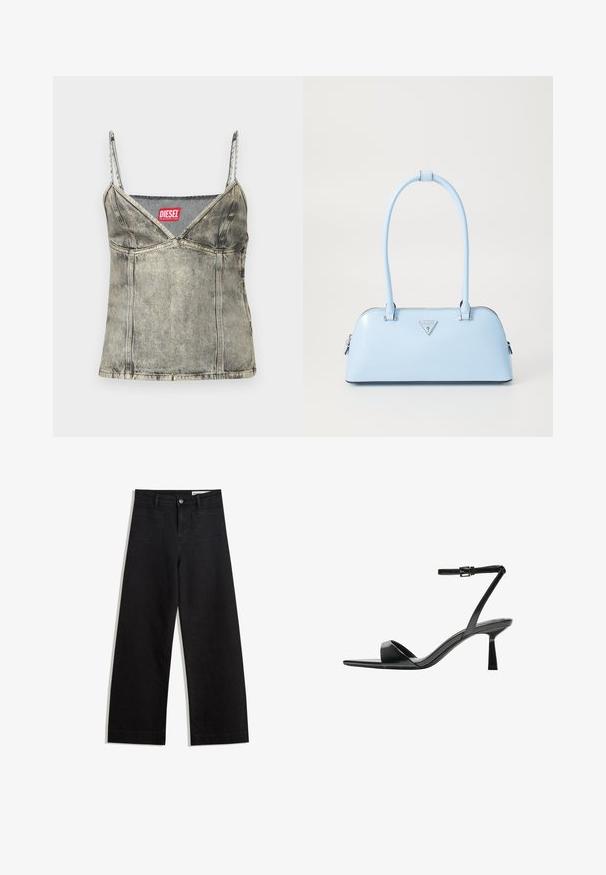 Top in denim di colore grigio chiaro con spalline regolabili, scollatura a V, cuciture visibili e etichetta rossa "DIESEL" sul colletto.; Pantaloni in denim neri a gamba larga con vita alta, dotati di tasche anteriori e posteriori, cuciture a punto, e chiusura con bottone. Texture liscia.; Bershka Sandali con tacco - black; Borsa a mano azzurro chiaro con forma strutturata, materiale in pelle liscia, due manici e logo triangolare sul davanti. Chiusura con zip.