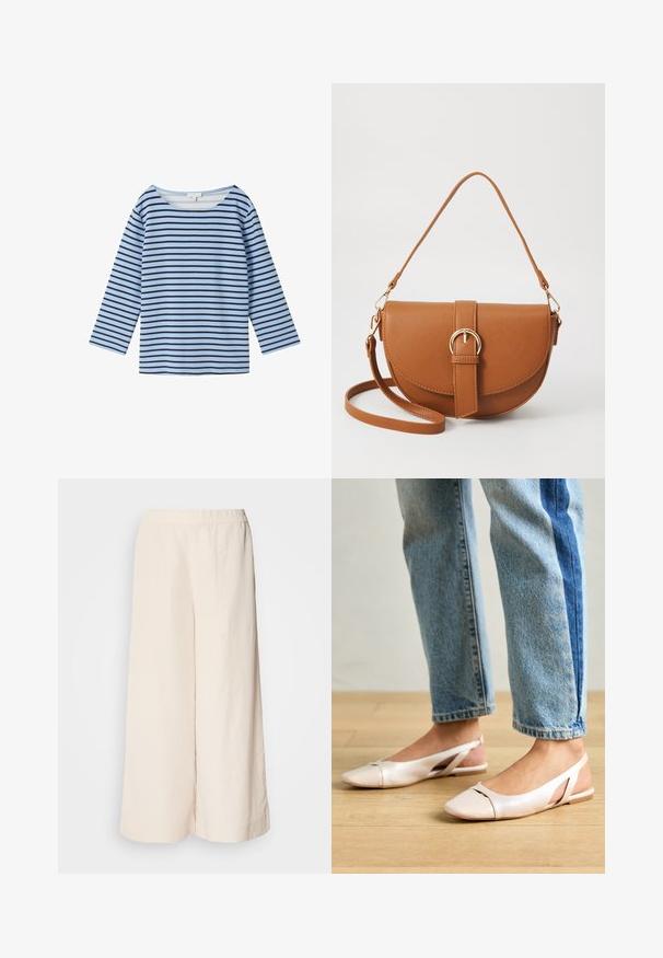 TOM TAILOR Ilgarankovis viršutinės dalies drabužis - calm blue navy stripe; Kreminės plačios kelnės su elastinga juosta, pasižyminčios laisva prigludimo ir lygiu paviršiumi, tinkamos kasdieniam dėvėjimui.; Šviesiai rožiniai slingback baleto bateliai su smailiu pirštu, pagaminti iš lygios odai panašios medžiagos. Yra išpjovimų detalės šonuose ir plokščias kulnas.; Ruda odinė kryžminė rankinė, turinti kreivą formą, auksinius metalinius elementus ir sagtį. Yra nuimama petneša.