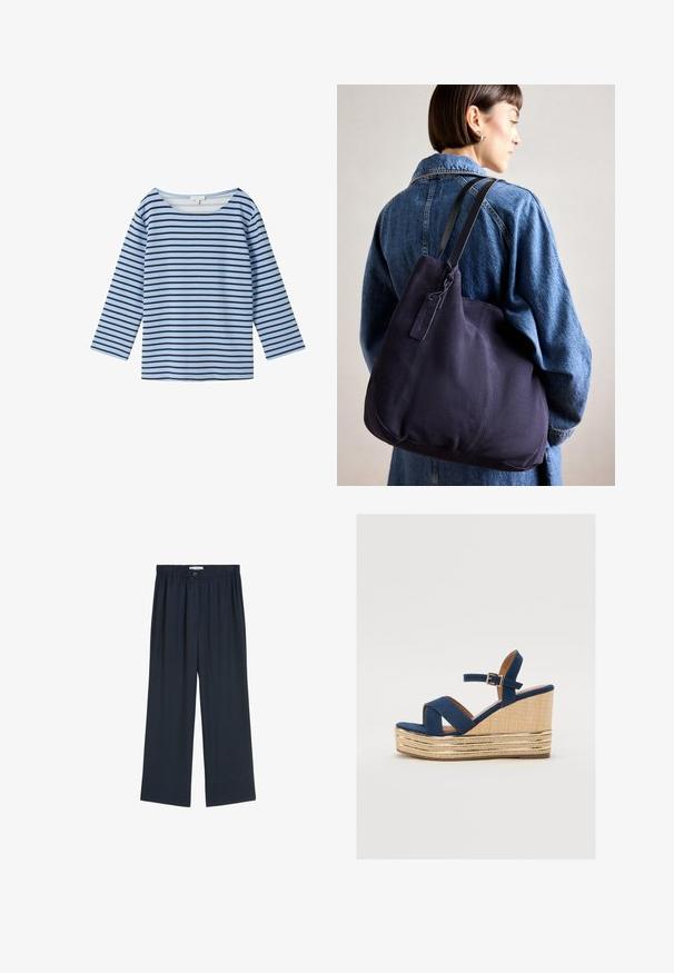 TOM TAILOR Langarmshirt - calm blue navy stripe; Marinefarbene weite Hosen aus glattem Stoff, mit einem elastischen Bund und einem Knopfdetail, in gerader, fließender Form.; Marineblaue Keil-Sandale mit überkreuzten Riemen, einer strukturierten Plattform aus Naturfasern und einem goldenen Metallakzent an der Basis.; Marinefarbene Leinenschultertasche mit weicher, strukturierter Form, ausgestattet mit einem schwarzen Riemen, genähten Details und einem kleinen Markenschild.