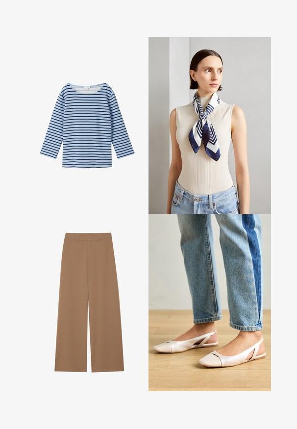 TOM TAILOR Longsleeve - calm blue navy stripe; Brede broek in een effen bruine kleur, gemaakt van een gestructureerde stof; beschikt over een hoge taille en een gestructureerd ontwerp met riemlussen.; Zachtroze slingback ballerina's met een spitse neus, gemaakt van een glad leerachtig materiaal. Bevat uitsnijdingen aan de zijkanten en heeft een platte hak.; Zijde sjaal in marineblauw en wit met een geometrisch zigzagpatroon. Invloed van een gladde textuur, mooi om de hals geknoopt, wat perfect past bij een geribbelde top.