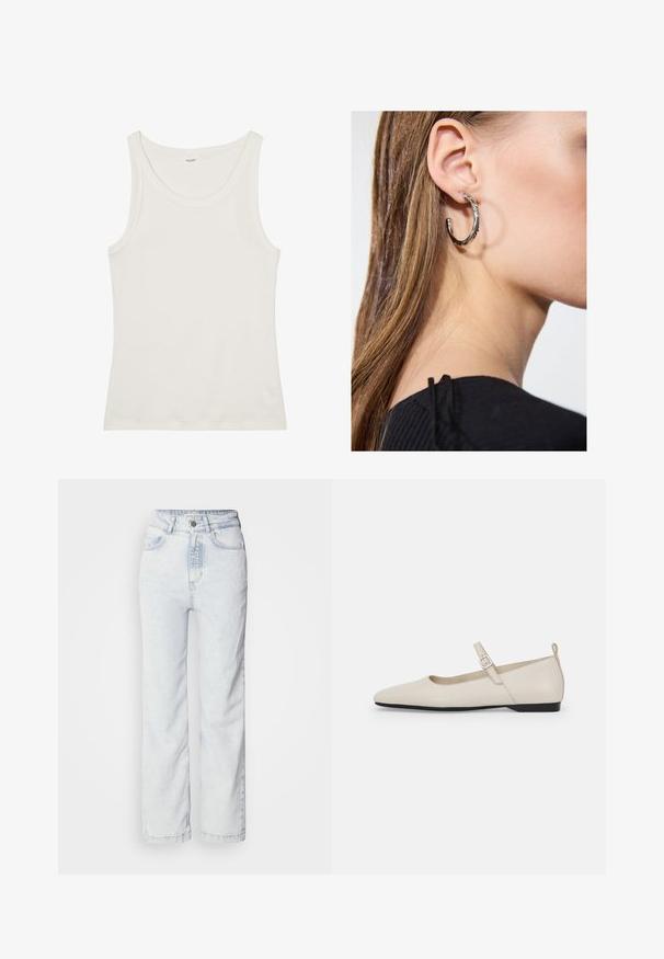 Vit bomullstopp med vid halsringning och tunna axelremmar. Slät textur utan synliga mönster eller dekorationer.; Ljusblå högmidjade jeans med rak passform, tillverkade av denim. Har en knappgylf, femfickorsdesign och en subtil blekt textur.; Vita läder Mary Jane-sandaler med spetsig tå, sidspänne och låg svart klack. Slät yta och minimalistisk design.; Silverörhänge med polerad yta, med små detaljer i guld och rund form, bärs på loben.