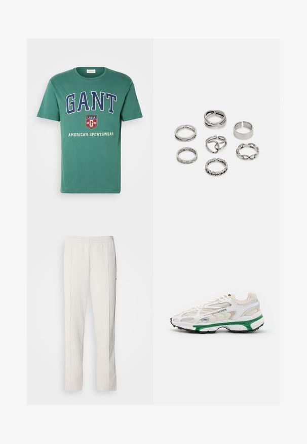 Green cotton t-shirt featuring bold white and navy text saying "GANT," "USA 1949," and "American Sportswear." Classic crew neck design.; Lacoste Tracksuit bottoms - hammam; White sneaker with green accent and black rubber sole. Features mesh and synthetic panels, with a textured finish and visible stitching.; Set of seven silver rings featuring various designs, including twisted, linked, and engraved patterns. Different shapes and widths.
