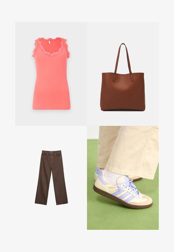 Koraalkleurig geribbeld tanktop met kantafwerking langs de halslijn en armsgaten, met een scalloped ontwerp en een aansluitende silhoette.; Brede bruine spijkerbroek van denim, met een hoge taille, voorzakken en een klassieke knoopsluiting. Soepele textuur met subtiele stiksels.; Crème- en lavendel-sneakers met drie strepen en een gestructureerde bruine zool, voorzien van veters en een gewatteerde hiel. Zachte stoffen bovenkant.; Bruine leren tote bag met een gladde textuur, een ontwerp met een open bovenkant en twee schouderbanden. Kenmerkt zich door minimale stiksels en geen zichtbare hardware.
