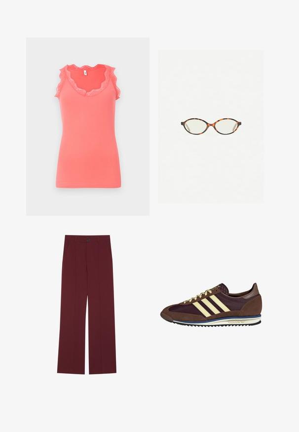 Top coral cu dantelă pe marginea gulerului și a brațelor, cu un design zimțat și o siluetă ajustată.; Pantaloni burgundy cu un design cu picior larg, cu închidere cu nasture, două buzunare laterale și detalii pliate în față. Textură de țesătură netedă.; Sneaker maro și burgund cu materiale din suede și plasă, având trei dungi crem, țesătură texturată pe limbă și o talpă din cauciuc.; Ochelari cu ramă din tartan, cu lentile ovale și un finisaj elegant, neted. Prezintă margini subțiri cu o curbură subtilă la tâmple. Lentile clare.
