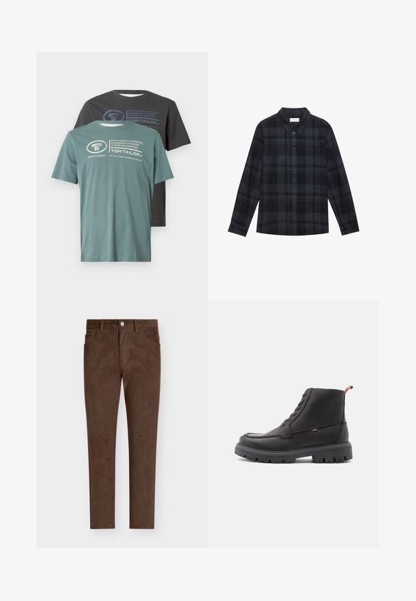 Kaks ümmarguse kaelusega T-särki kuhjatud: üks tumeroheline valge trükiga, teine must sinise trükiga. Mõlemad on valmistatud pehmest puuvillakangast.; Mustri musta ja hall flanellist särk, mis on varustatud nööpide ja klassikalise kraega, pikad varrukad.; Pruunid korduroypüksid sirge lõikega, millel on nupuga sulgumine, eesosal olevad taskud ja vertikaalne ribakujundus kogu püksil.; Pruunist nahast pahkluu saapad, ümarate varvastega, ühtlase õmblusega, robustse musta kummitallaga ning oranži tõmbepaela ehk silmusegaga kannal.