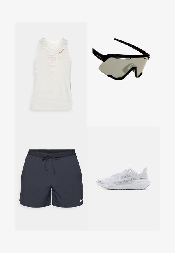 Weißes, perforiertes Tanktop mit Rundhalsauschnitt und kleinem goldenen Nike-Logo auf der linken Brust. Leicht und atmungsaktiv.; Nike Laufshorts in Dunkelgrau, elastischer Bund mit Kordelzug, seitliche Taschen, leichtes Material, mit einem weißen Nike-Logo am unteren Saum.; Weißer Sportschuh mit einem Obermaterial aus Mesh, glatten Überzügen, grauen Akzenten, Schnürsenkeln und einer gepolsterten Sohle, die für Leistung ausgelegt ist.; Schwarze Sportsonnenbrille mit Wraparound-Design, ausgestattet mit großen grauen Gläsern und einem stabilen Rahmen mit weißen Akzenten und Logo.