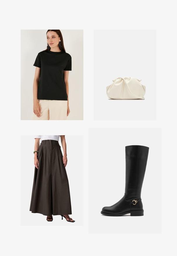 černé tričko s krátkým rukávem vyrobené z hladkého materiálu, s kulatým výstřihem a volným střihem, v kombinaci se světle zbarvenými kalhotami.; Světle žlutá košile na knoflíky vyrobená z měkké tkaniny. Obsahuje klasický límec, ohrnuté rukávy a volný střih s zakřiveným spodním lemem.; Hnědá, plisovaná, dlouhá sukně vyrobená z lehké tkaniny; má vysoký pás a postranní švy kapsy; v kombinaci s černými sandály na podpatku.; Anna Field Wide Fit Vysoká obuv - black; Krémová, měkká taška z umělé kůže s nabráním, nastavitelným popruhem a nenápadným stahováním. Hladký povrch a zakulacený tvar.