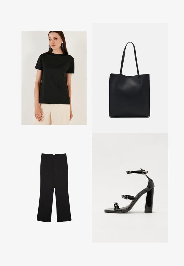 Sort kortærmet t-shirt lavet af et glat stof, med en rund halsudskæring og en afslappet pasform, parret med lyse bukser.; Sorte bukser med lige pasform, der har frontlommer og slidser i kanten. Lavet af blødt, glat stof. Velegnet til forskellige anledninger.; Sorte patenterede hælsandaler med firkantet tå, ankelremme og sølvspænder. Har en chunky blokHæl for stabilitet.; Sort læder tote taske med glat tekstur, rektangulær form og to lange hanke. Ingen synlig hardware eller udsmykninger.