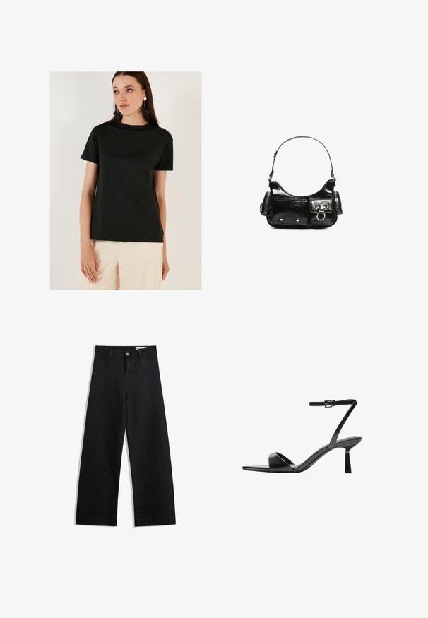 Fekete, rövid ujjú póló sima anyagból, kerek nyakkivágással és laza szabással, világos színű nadrággal párosítva.; Fekete, bő szabású farmernadrág magas derékkal, elülső és hátsó zsebekkel, varrott felületekkel és gombos záródással. Sima textúra.; Bershka Magas sarkú szandálok - black; Fekete lakkbőr kézitáska ívelt formával, egy vállpánttal, elülső zsebekkel és ezüstszínű fémrészletekkel.