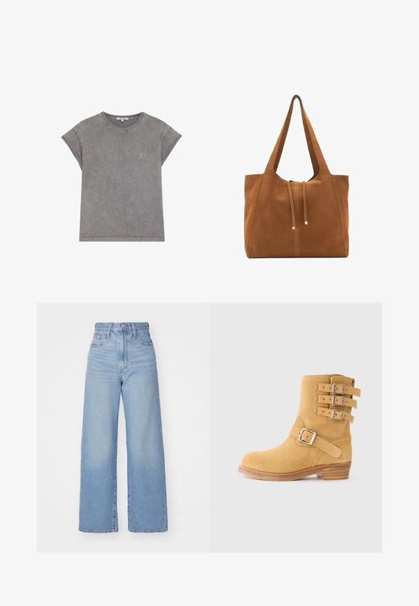 Gray cotton T-shirt with a round neck, rolled short sleeves, and a subtle embroidered logo on the chest. Soft texture and casual fit.; Light blue high-waist wide-leg jeans with front button and zip closure, front and back pockets, on a white background.; Suede ankle boot in yellow with three buckle straps on the side, a rounded toe, and a stacked wooden heel. Textured surface for grip.; Brown suede tote bag with two long straps, drawstring closure, and minimalistic design. Smooth texture and no visible hardware accents.