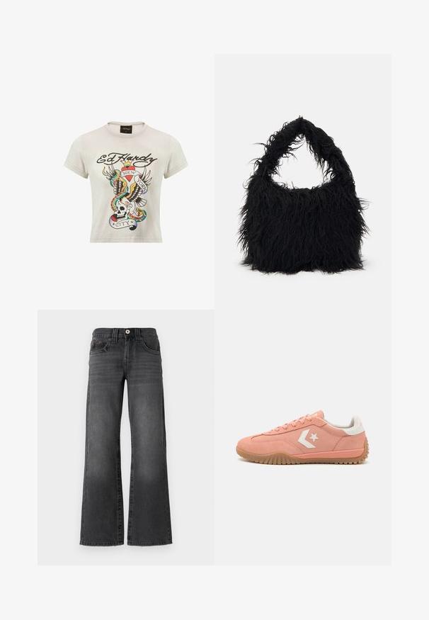 Kurzärmliges, hellgraues Baumwoll-T-Shirt mit einem bunten Tattoo-Stil Druck eines Schädels, Adlers und Schlangen sowie dem Schriftzug "Ed Hardy" und "New York City".; Weite Jeans aus dunkelgrauem Denim. Mit fünf Taschen, einem Knopfverschluss und dezentem Verblassen des Stoffes. Klassische Nähte betonen das Design.; Rosa Wildleder-Sneaker mit weißen Akzenten, Schnürdesign, einer strukturierten Gummisohle und einem Stern-Logo an der Seite. Flach und leicht.; Even&Odd Shopping Bag - black