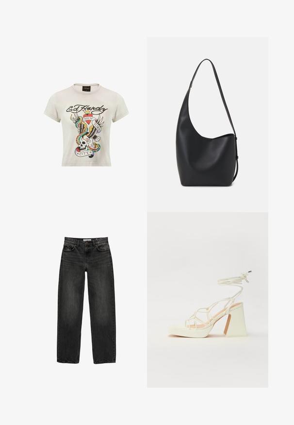 Kurzärmliges, hellgraues Baumwoll-T-Shirt mit einem bunten Tattoo-Stil Druck eines Schädels, Adlers und Schlangen sowie dem Schriftzug "Ed Hardy" und "New York City".; Schwarze Jeans aus Denim mit lockerer Passform, geradem Bein, fünf Taschen-Design und einer leicht gewaschenen Textur. Knopf- und Reißverschluss vorne.; Weiße High-Heel-Sandale mit einem klobigen Absatz, die über ein Riemchendesign und ein Knöchelband verfügt. Glatte Textur mit einer Plattform vorne für zusätzliche Höhe.; Schwarze Leder-Hobo-Tasche mit einer glatten Textur, geschwungener Form und einem einzelnen verstellbaren Tragegurt; verfügt über eine weite Öffnung am oberen Ende.