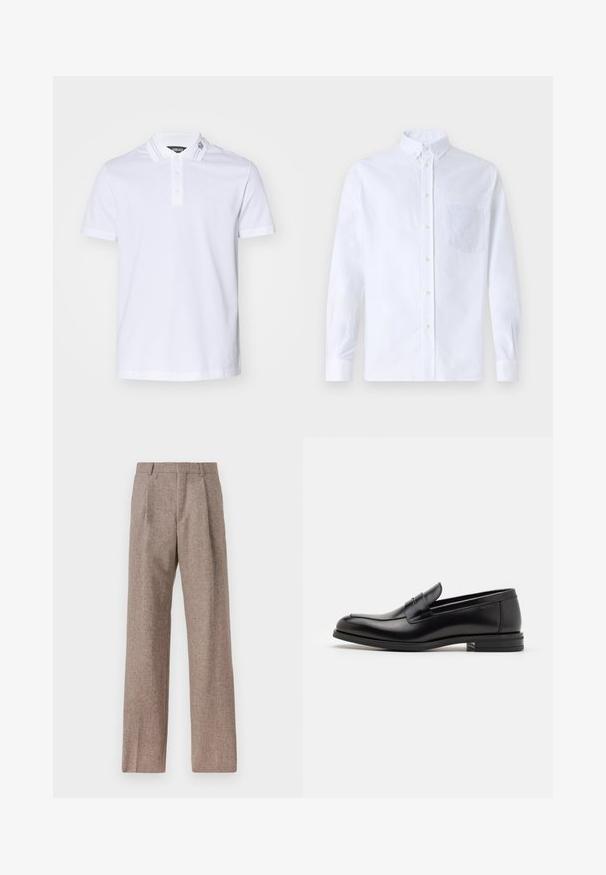 Polo-shirt blanc en coton, doté d'un col classique avec deux boutons, de manches courtes et de détails rayés subtils sur le col.; Chemise blanche à manches longues avec boutons en coton, présentant une poche poitrine avec broderie ton sur ton, un col et des poignets boutonnés.; Pantalons marron taille haute en tissu texturé. Présente des jambes larges et deux plis avant pour la structure. Finition soignée sans matériel visible.; Mocassins en cuir noir avec une texture lisse, bout rond et une sangle décorative sur le dessus. Talon bas empilé, design minimaliste.