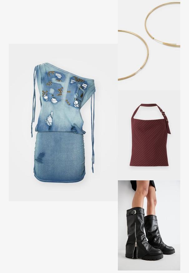 Burgundy halterneck top med tunna vita vertikala ränder, med en bred, solid axelrem med spänne. Slät tygstruktur.; Jeansklänning med enfaldig design, ljusblå färg, slitna med revor, dekorativa nitar och dragsnöre. Åtsittande silhuett.; Svart läderknäbottar med breda skaft, med sidodragkedja och spänne, texturerad yta och kraftig gummisul.; Guldiga hoopsörhängen, tunna och runda i formen, med en slät metallisk finish utan utsmyckningar eller mönster.