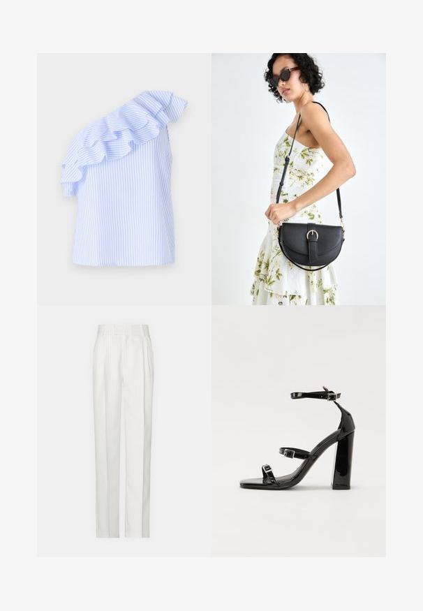 Blusa de um ombro em azul claro e listras brancas, com um acabamento franzido ao longo do ombro. Feita de um tecido leve.; Calças brancas com riscas verticais e um design de perna reta, feitas de um tecido leve. Apresentam pregas na frente e uma cintura tradicional.; Sandálias de tacão preto laqueadas com bico quadrado, tiras para o tornozelo e fivelas prateadas. Apresentam um salto bloco chunky para estabilidade.; Bolsa de couro preta com forma curva, alça destacável e detalhes em dourado. A bolsa possui uma aba com detalhe de fivela.