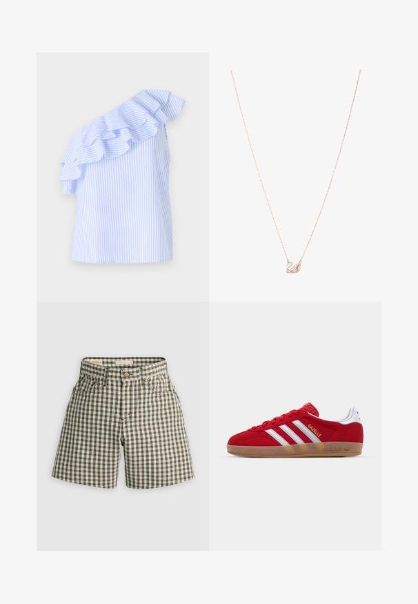 Üksõlgne bluus helesiniste ja valgete triipudega, millel on laseeritud aksent õlal. Valmistatud kergest kangast.; Pruun ja valge ruuduline lühike püksid, millel on nööpkinnitus, kaks eesmist taskut ja mugav lõige. Valmistatud kootud kangast, millel on sile tekstuur.; Punane sametist tennisekes, millel on valge kolmestriibuline disain ja kuldne "Gazelle" tekst. Varustatud kummist tallaga ja tekstureeritud kontsaga.; Roosa kuldne kaelakee, millel on luigependant, kaunistatud selgete kristallidega. Ketil on peen linkide disain.