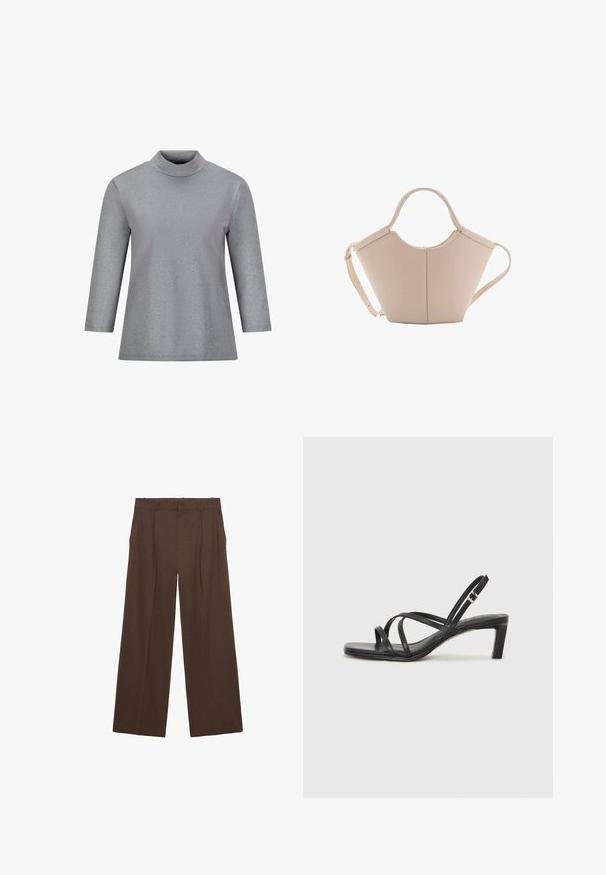 Zilverkleurige coltrui met lange mouwen, gemaakt van een glanzende textuurstof, met een relaxte pasvorm en minimale detailing.; Bruine wijde broek gemaakt van een gladde stof, met een hoge taille, voorplooien en twee zijzakken.; Zwarte sandaal met bandjes, vierkante teen en een lage blokhak. Voorzien van meerdere dunne bandjes en een verstelbare enkelband. Gemaakt van zacht leer.; Beige leren handtas met een unieke vorm, voorzien van twee korte handvatten en een lange verstelbare schouderriem. Glad oppervlak met minimale hardware.