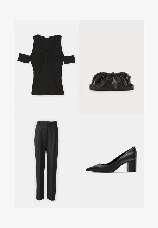 Patrizia Pepe MAGLIA - Tričko s potlačou - nero; Čierne nohavice na mieru vyrobené z ľahkej tkaniny, so strmým strihom, plochým predným dielom a pútkami na opasok. Hladká textúra bez viditeľných vzorov.; Čierne kožené lodičky s ostrou špičkou a robustným štvorcovým opätkom. Hladká textúra, jednoduchý dizajn, vhodné na formálne príležitosti.; Čierna kožená spojka so zhladeným horným okrajom, zipsom a zlatými hardwarovými doplnkami. Hladký povrch s embosovaným logom.