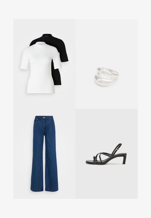 To korteærmede turtleneck toppe: en hvid og en sort. Begge lavet af glat, strækbart stof med tætsiddende silhuetter og rund hals.; Bredbenede blå denimjeans med høj talje, frontknap og lynlås lukning, samt for- og baglommer på en ensfarvet baggrund.; Sort remsandale med firkantet tå og en lav blokeret hæl. Har flere tynde stropper og en justerbar ankelrem. Fremstillet af glat læder.; Sølvring med dobbeltbånd og en glat, poleret overflade. Den har et flydende, buet design med overlappende sektioner for et moderne udtryk.