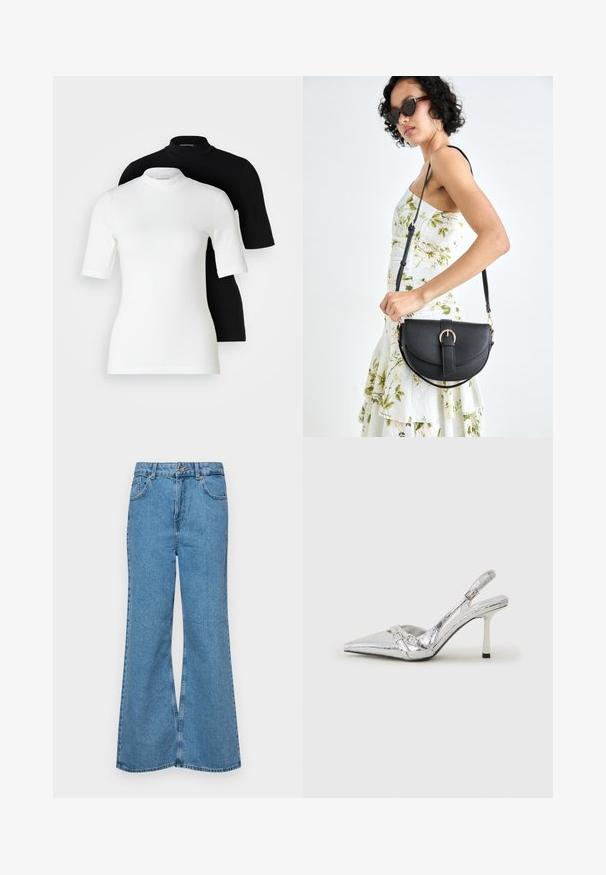 Dve majice s kratkimi rokavi in turtleneck ovratnikom: ena bela in ena črna. Obe sta narejeni iz gladkega, raztegljivega materiala s prilegajočimi silhuetami in okroglim izrezom.; Svetlo modri razširjeni džins hlače iz denima, z visokim pasom, petimi žepi in enim gumbom za zapiranje. Mehka tekstura z blagim zbledelim videzom.; Srebrna slingback visoka peta čevlja s špičastim nosom, metalnim finišem, dvema dekorativnima trakama in tanko peto z črnim vrhom.; Črna usnjena torbica s ukrivljeno obliko, z odstranljivo naramnico in zlatimi dodatki. Torbica ima pokrov s podrobnostmi v obliki zaponke.