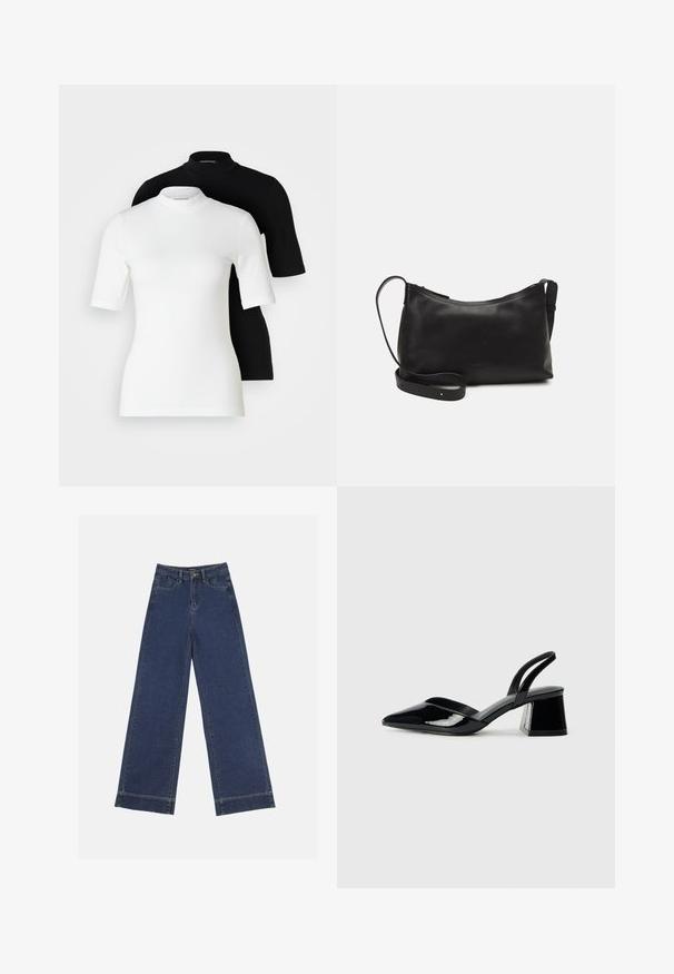 Dve krátke rukávy s rolákom: jedna biela a jedna čierna. Obe sú vyrobené z hladkého, elastického materiálu s priliehavým strihom a okrúhlym výstrihom.; Džínsy s širokými nohavicami v tmavomodrom denime. Majú päť vreciek, pútka na opasok a surový spodný lem s viditeľnými švy.; Čierne lakované kožené sandálové podpätky s špicatou špičkou a geometrickým blokovým podpätkom. Disponujú elegantným, minimalistickým dizajnom a hladkým povrchom.; Čierna kožená ramenná taška s hladkou textúrou, zakriveným tvarom, nastaviteľným popruhom a zipsom. Minimalistický dizajn bez ozdôb.