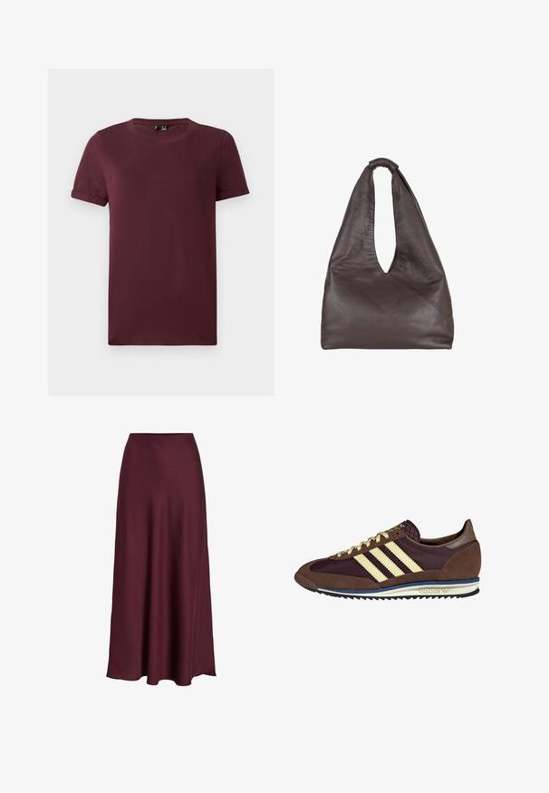 Burgundi színű, puha pamutból készült póló, kerek nyakkivágással, rövid ujjal és laza szabással, sima felülettel és látható minták nélkül.; Bordó selyem maxi szoknya sima textúrával, magas derékkal és egy lágyan elágazó siluettel, amely finoman bővül az alsó szegélynél.; Barna és bordó sneaker velúr és hálós anyagból, három krémcsíkkal, texturált anyaggal a nyelvén és gumitalppal.; Barna bőrtáska laza, túlnyúló dizájnnal. Hurok fogantyúval és mély V-alakú nyílással rendelkezik a könnyű hozzáférés érdekében. Puha textúra, minimalista stílus.