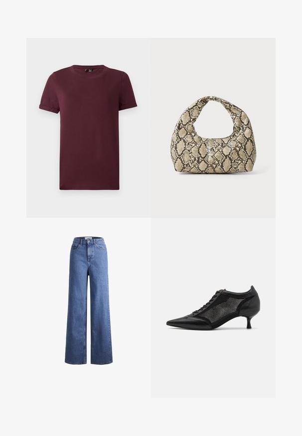 Burgundské tričko vyrobené z měkké bavlny, má kulatý výstřih, krátké rukávy a uvolněný střih s hladkou texturou a bez viditelných vzorů.; Svetle modré denimové široké kalhoty s vysokým pasem, dvěma předními kapsami a viditelným švem. Obsahují knoflíkový a zipový uzávěr.; Černá špičatá obuv s designem síťové panelů, s nízkým podpatkem a šněrováním v přední části. Vyrobeno z kombinace kůže a síťového materiálu.; Kabelka s hadím vzorem a zakřiveným držadlem. Vyrobena z texturovaných béžových a hnědých materiálů, s charakteristickým diamantovým vzorem.