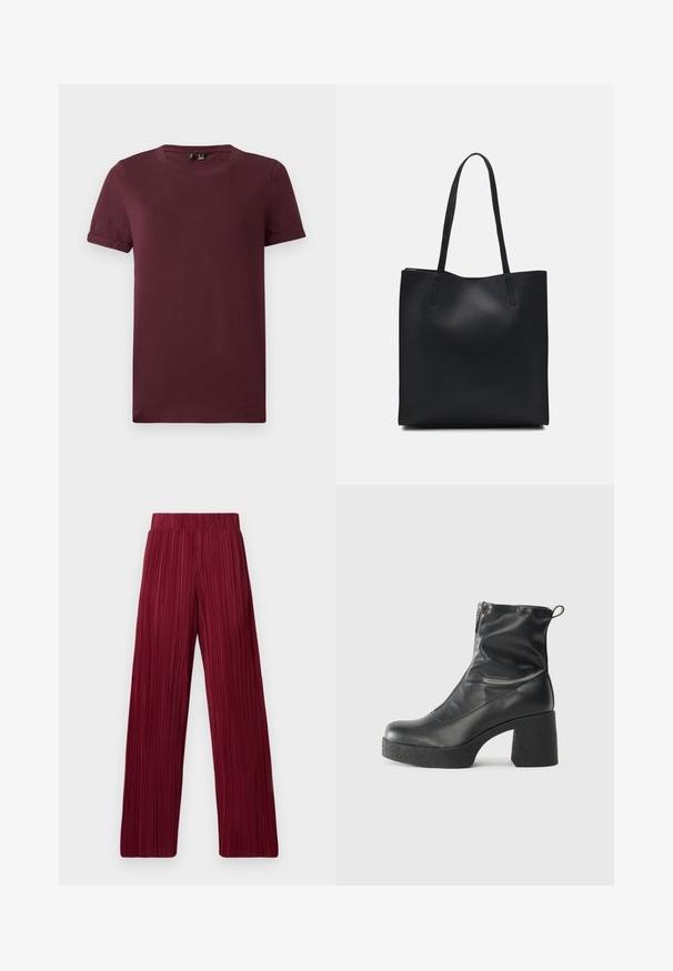 Burgundia T-särk pehmest puuvillast, ümmarguse kaelusega, lühikeste varrukatega ja lõdva siluetiga, sileda tekstuuri ja nähtavate mustriteta.; Burgundi värvi volditud laiad püksid elastse vöökohtaga. Tekstureeritud kangas, millel on vertikaalsed triibud. Sirge lõige hemmini.; Mustad mustad ansapüksid, mis on valmistatud siledast nahast, külje zipperiga, paksu tekstuuriga kontsaga ja ümmarguse nina disainiga.; Mustast nahast kott sujuva tekstuuriga, ristkülikukujuline ja kahe pika sangaga. Pole nähtavat riistvara ega kaunistusi.