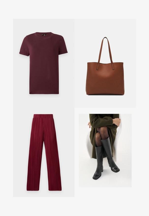 Burgundijas T-krekls, kas izgatavots no mīkstas kokvilnas, ar apaļu kakla izgriezumu, īsām piedurknēm un brīvu piegriezumu, gluda tekstūra un bez redzamajiem rakstiem.; Bordo pleitoti plaša kāju bikses ar elastīgu jostu. Tekstūrēta auduma virsma ar vertikālām svītrām. Taisns griezums līdz apakšmalai.; Ceļgalu augstuma melni ādas zābaki ar kvadrātu purngalu un bloku papēdi, attēloti modelī, kurš sēž olīvu zaļā mētelī. Gluda tekstūra, minimāla apdare.; Brūna ādas iepirkumu soma ar gludu tekstūru, atvērta augšdaļa un divas plecu siksnas. Izceļas ar minimālām šuvēm un redzamu aparatūru nav.