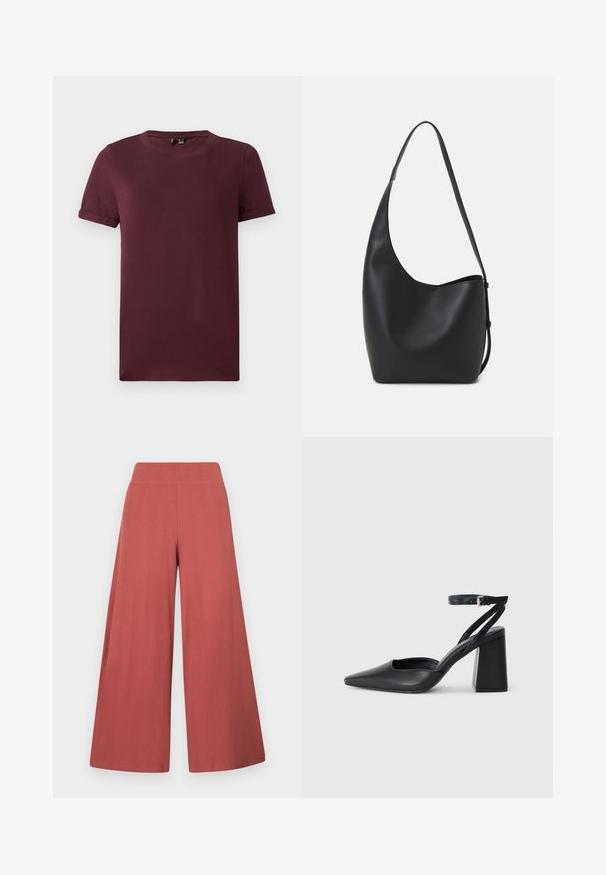 Burgundia T-särk pehmest puuvillast, ümmarguse kaelusega, lühikeste varrukatega ja lõdva siluetiga, sileda tekstuuri ja nähtavate mustriteta.; Laiade lõikega püksid roostekarva, valmistatud tekstuurse vertikaalribadega kangast. Omavad kõrget, elastset vöökohal.; Mustmustest must-käigukingad, millel on konksuga nöör ja paks konts. Ühtlane tekstuur, stiilne disain ja minimalistlik esteetika.; Mustast nahast hobo kott, millel on sile tekstuur, kumer kuju ja üks reguleeritav rihm; peal on lai avaus.