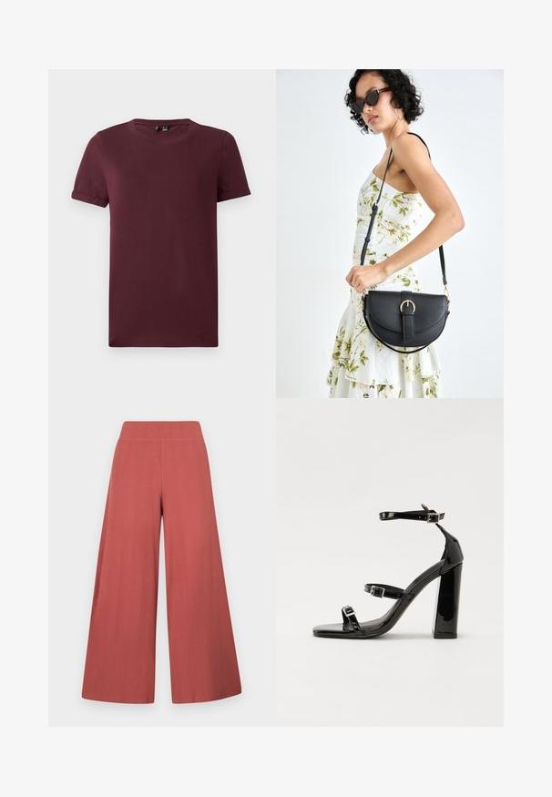 Burgunder T-shirt lavet af blød bomuld, har rund hals, korte ærmer og en afslappet pasform med en glat tekstur og ingen synlige mønstre.; Bukser med vide ben i en rustfarve, lavet af tekstureret stof med vertikale ribber. Har en høj, elastisk talje.; Sorte laklædersandaler med høje hæle, to spænderemme, firkantet tå og en kraftig blokhæl, der har en glat, blank overflade.; Sort læderhåndtaske med en buet form, aftagelig rem og guldfinish. Tasken har en klap med en spænde detalje.