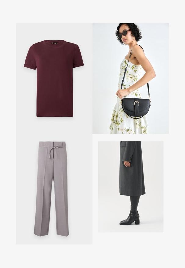 Burgundi színű, puha pamutból készült póló, kerek nyakkivágással, rövid ujjal és laza szabással, sima felülettel és látható minták nélkül.; Világosszürke, bőszárú nadrágok puha textúrával, állítható derékrésszel és gyűrt redőkkel a strukturált szabás érdekében.; Szürke, szabott overál, egyenes vonallal; térd fölé érő fekete bőrcsizmákkal párosítva, négyzetes orral és vastag sarokkal.; Fekete bőrtáska ívelt formával, levehető pánttal és arany színű fémrészekkel. A táskán egy csattal díszített fedél található.