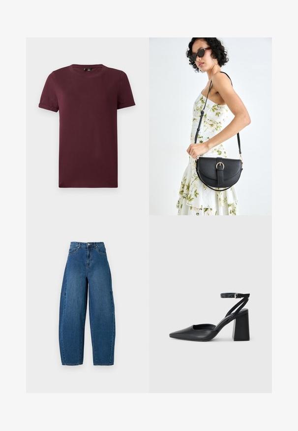 T-shirt bordô feito de algodão macio, com gola redonda, mangas curtas e um corte descontraído, apresentando uma textura suave e sem padrões visíveis.; Denim jeans em um tom de azul médio, apresentando uma cintura alta, corte largo e design padrão de cinco bolsos com detalhes de costura visíveis.; Sandal com biqueira afilada em couro preto, com cinta no tornozelo e salto grosso. Textura lisa, design elegante e estética minimalista.; Bolsa de couro preta com forma curva, alça destacável e detalhes em dourado. A bolsa possui uma aba com detalhe de fivela.