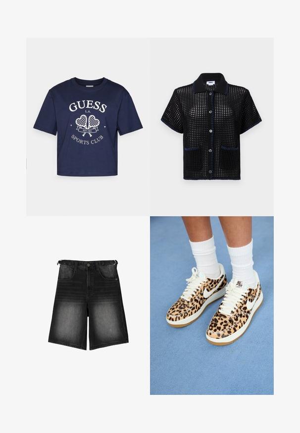 Marineblauw katoenen t-shirt met korte mouwen, ronde hals en een witte graphic "GUESS L.A. SPORTS CLUB" met daarop twee tennisrackets.; Zwarte gebreide shirt met korte mouwen en een meshpatroon, blauwe rand op de kraag en de rand van de zakken, met knopen aan de voorkant.; Zwarte denim shorts met een verwassen afwerking, vijf zakken, een knoopsluiting en riemlussen. De stof heeft een gladde textuur.; Nike Air Force 1 sneakers met luipaardprint, witte veters en swoosh, met een tan rubberen buitenzool en een gestructureerde bovenkant. Witte crew-sokken zichtbaar.