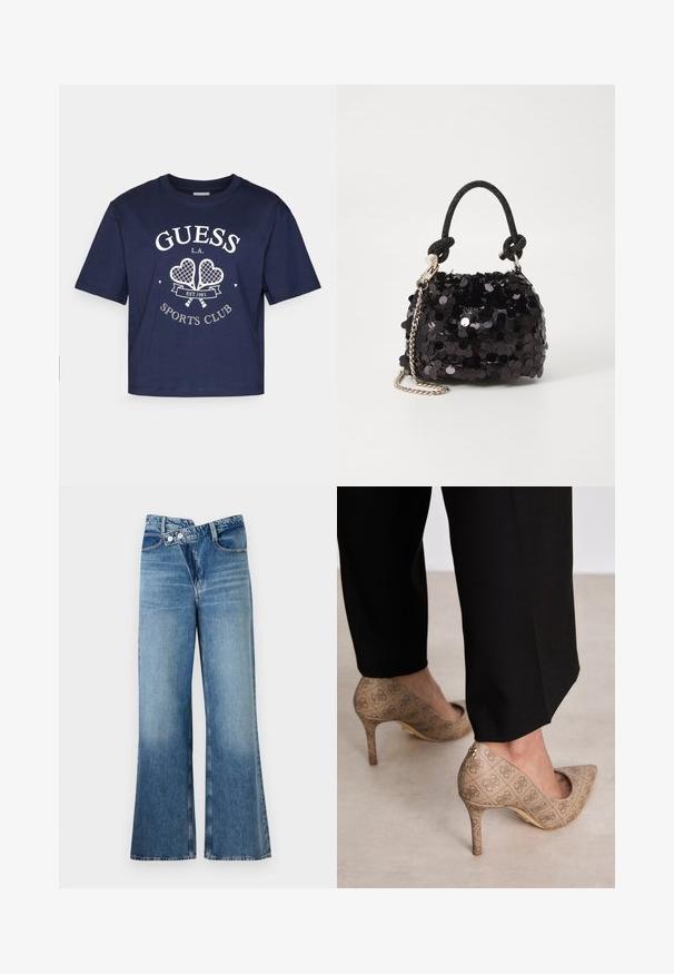 Granatowa bawełniana koszulka z krótkim rękawem, okrągłym dekoltem i białym grafikiem "GUESS L.A. SPORTS CLUB" z wizerunkiem dwóch rakiet tenisowych.; Jasnoniebieskie dżinsy o fasonie dzwonów z wysokim stanem, z dwiema guzikami i kieszeniami z przodu. Materiał ma wyblakłą fakturę z subtelnymi odcieniami.; Beżowe szpilki z teksturowanej tkaniny z powtarzającym się wzorem. Spiczasty krój z tylnym akcentem i złotym detalem na obcasie.; Czarna mini torebka z cekinami, z węzłowym, teksturowanym paskiem i srebrnym łańcuchem. O zaokrąglonym kształcie z marszczoną górą i refleksyjnymi detalami.
