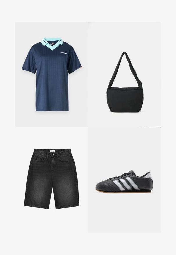 Donkerblauwe polo met korte mouwen, voorzien van een lichte blauwe kraag en een verticale streepjespatroon. Heeft een wit merklogo op de borst.; Zwarte denim shorts met een recht gesneden pijp, voorzien van een vijf-pocket ontwerp en een knoopsluiting aan de voorkant. Textuurstof met een vervaagd effect.; Zwarte leren sportschoen met witte strepen, ronde neus, platte zool en vetersluiting. Bevat perforaties voor ademend vermogen.; Zwarte schoudertas met een gewatteerde textuur, een ronde vorm en een brede schouderband, met een reliëflogo aan de voorkant.