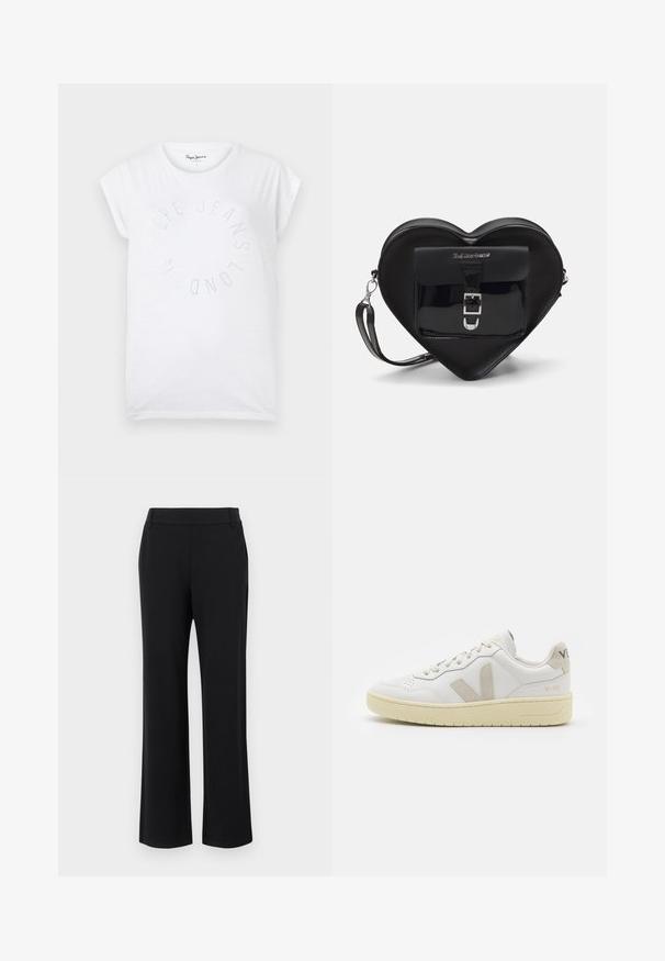 Camiseta de algodón blanca con escote redondo y mangas cortas. Presenta un diseño de texto circular en pequeños puntos que dice "Pepe Jeans London."; Pantalones negros de pernera acampanada con una textura suave, cintura de altura media y bolsillos laterales. Diseño simple sin patrones ni adornos.; Zapatilla de piel blanca con acentos de ante beige, caja de puntera perforada, cordones planos y suela texturizada en color crema. Cuenta con un branding sutil en el talón.; Bolso negro con forma de corazón, hecho de cuero ecológico, con un bolsillo frontal que presenta un cierre de hebilla y una correa desmontable. Detalles en metal plateado.