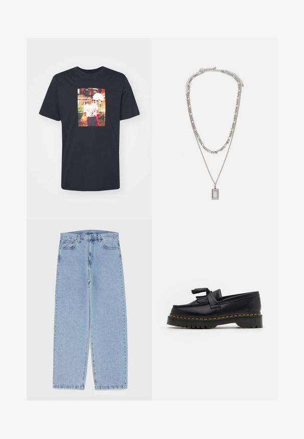 Melns T-krekls no kokvilnas ar apaļu kaklu, ar centrālo grafiku, kur attēlots basketbola spēlētājs, kurš ģērbjas Bulls krekliņā.; Gai zila džinsu bikses ar taisnu kāju dizainu, kas piedāvā vidēju vidukļa augstumu, piecas kabatas un pogas un rāvējslēdzēja aizdari.; Melnas ādas mokasīni ar pērlītēm uzsvaru, ar masīvu melnu zoli un dzeltenu šuvumu gar malu. Ar teksturētu apdari.; Sudraba kaklarota ar divām slāņainām ķēdēm; satur taisnstūra piekariņu ar gludu virsmu, kas izceļas ar spīdīgu metāla apdari.