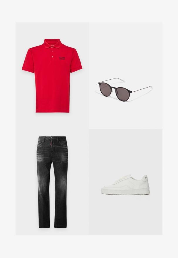 EA7 Emporio Armani TRAIN CORE - Polosärk - salsa; Mustad denim püksid otse lõikega. Omavad kulunud piirkondi, väikseid kahjustusi, klassikalist viit taskut ning nööpkinnitust.; Valge nahast tennis, millel on sile põhi, ümar varvas, lamedad nöörid ja tekstuuriline tall. Sisaldab diskreetset logo kontsaribal.; Mustad mustad prillid tumedate läätsedega ja õhukeste metallist käepidemetega. Kaarja kujuga seljaosa ja hõbedased aktsendid hingel. Minimalistlik disain.