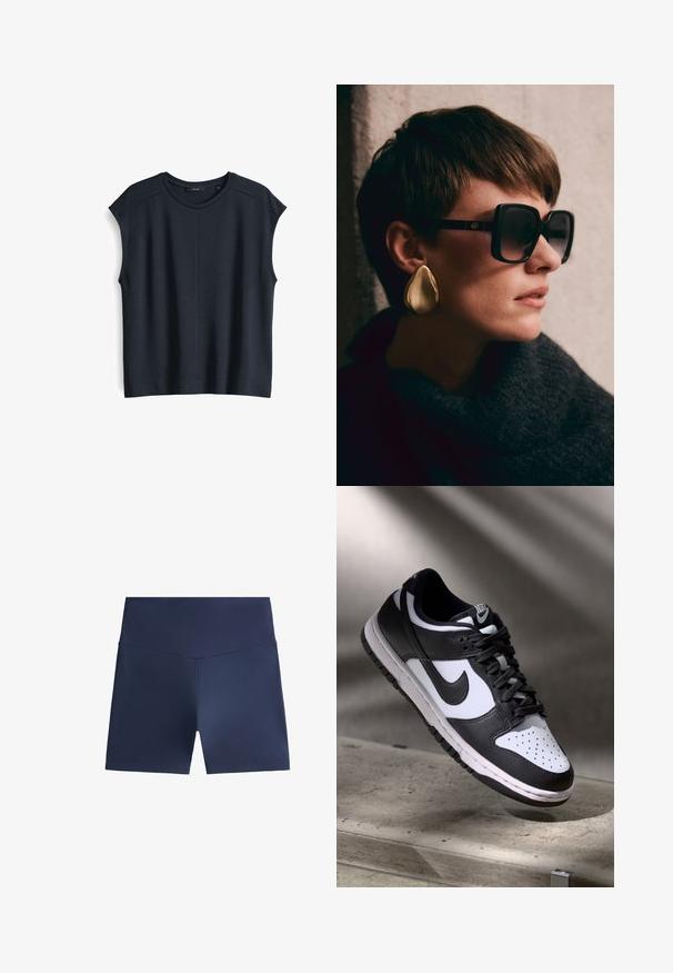 Donker marineblauwe, kortarmtop gemaakt van zachte, gestructureerde stof. Heeft een ronde halslijn en een relaxte pasvorm met schoudernaaddetails.; Marineblauwe sportshorts van glad, lichtgewicht materiaal. Strak ontwerp met een hoge tailleband. Geen zichtbare patronen of hardware.; Zwart-witte Nike Dunk Low sneaker met een leren bovenwerk, geperforeerde neus, en zwarte veters, met een witte zool en logo-accenten.; Zwarte oversized zonnebril met donkere lenzen en gouden hardware, gecombineerd met een grote, glanzende gouden druppeloorbel. Donker gestructureerde sjaal.