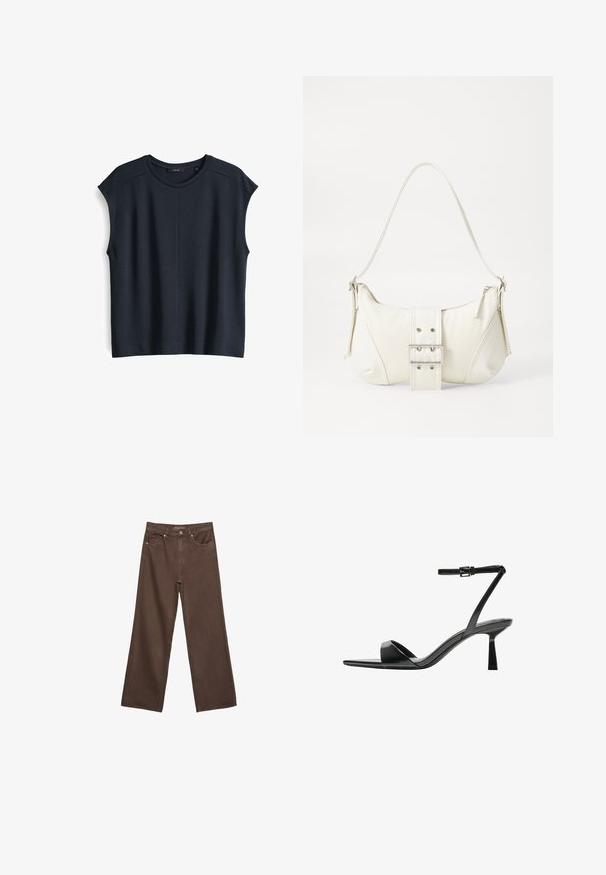 Ciemnoniebieska, krótka bluzka wykonana z miękkiej, teksturowanej tkaniny. Posiada okrągły dekolt i luźny krój z detalami na szwach ramion.; Szerokie brązowe dżinsy wykonane z denimu, z wysokim stanem, przednimi kieszeniami i klasycznym zapięciem na guzik. Gładka faktura z subtelnym przeszyciem.; Bershka - Sandały na obcasie; Biała torebka na ramię o fakturowanym wykończeniu, z centralnym akcentem w postaci klamry i zaokrąglonym kształcie. Zapięcia na zamek błyskawiczny po obu stronach.