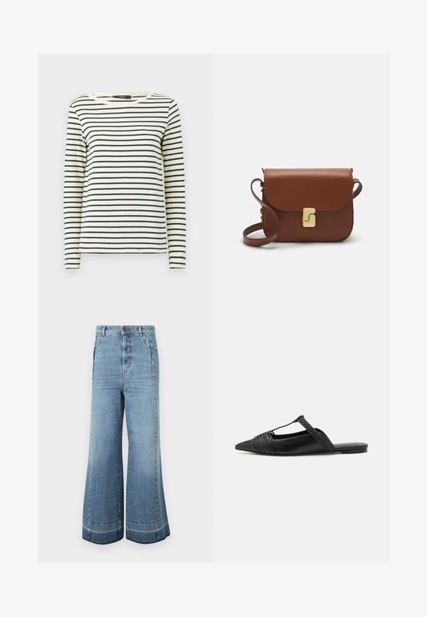Camisa de manga larga a rayas de tejido suave, con rayas horizontales en azul marino y crema, cuello redondo y un corte relajado.; WEEKEND MaxMara AGENDA - Vaqueros boyfriend - navy; Zapato de piel negra tipo slingback con punta afilada, que presenta un detalle trenzado y un diseño superior plisado. Suela plana con hardware mínimo.; Bolso de mano de cuero marrón con cierre de solapa, herrajes en tono dorado, correa para el hombro y una textura suave. Forma rectangular compacta.