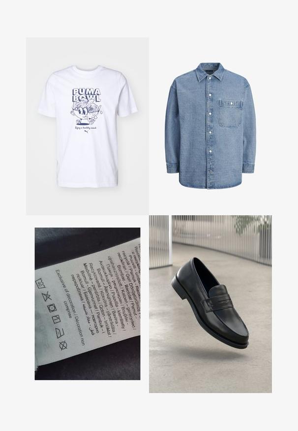 Bela bomba majica iz bombaža z modrim risanim grafičnim prikazom sklede, napolnjene s hrano, in besedilom "PUMA BOWL" ter "Uživajte v zdravi prigrizku."; Svetlo modra denim srajca z klasičnim ovratnikom, sprednjim gumbom in enim žepom na prsih s poklopcem in pritisnim gumbom.; Oznaka s večjezičnim besedilom, simboli za nego in ikonami za recikliranje, tiskana na mehkem tkaninskem materialu svetle barve.; Črni usnjeni loafer z gladko teksturo, zašiljenim prstom in okrasnim trakom čez nart. Lahka podplat, minimalističen dizajn.