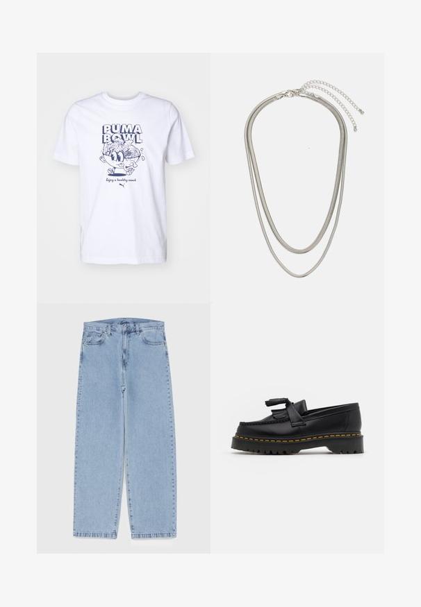 Camiseta de algodón blanca con un gráfico de dibujos animados en azul de un cuenco lleno de comida y texto que dice "PUMA BOWL" y "Disfruta de un tentempié saludable."; Jean de mezclilla azul claro con diseño de pierna recta, con una cintura de altura media, cinco bolsillos y un cierre de botón y cremallera.; Mocasín de cuero negro con un acento de borlas, que presenta una suela gruesa negra y costuras amarillas a lo largo del borde. Acabado texturizado.; Collar de metal plateado de tres capas que presenta cadenas flexibles y elegantes con un ligero brillo, asegurado con un cierre de langosta y cadena ajustable.