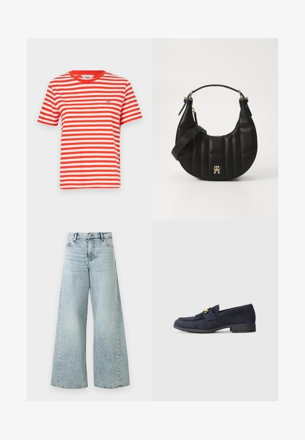 Red and white striped T-shirt with short sleeves, round neck, and embroidered logo on the left chest. Cotton material, casual fit.; Light blue denim wide-leg jeans with a high waist, featuring a button closure, five pockets, and frayed hem details.; Navy suede loafers with a low black heel, featuring a decorative gold hardware detail on the front and a rounded toe design.; Black leather handbag with a curved shape, quilted texture, and gold hardware. Features a detachable shoulder strap and logo detail.